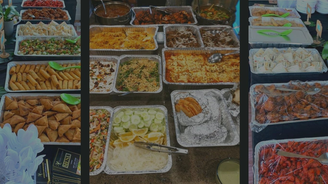 Pakistani catering spread with biryani and grills