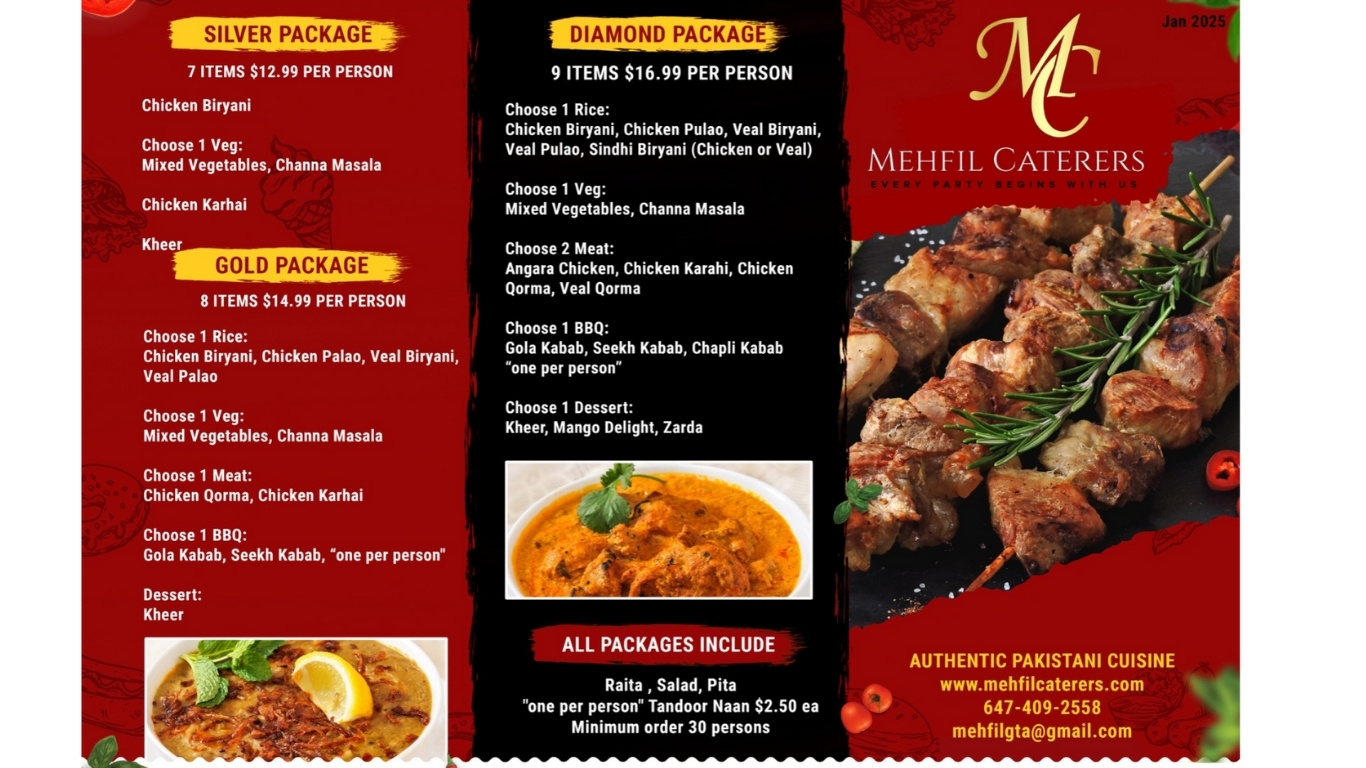 Detailed Pakistani catering menu by Mehfil Caterers, highlighting a variety of authentic dishes such as Beef Nihari, Chicken Biryani, and Lahori Fish, offering a taste of Pakistan's robust flavors for events and celebrations in Milton, Ontario.