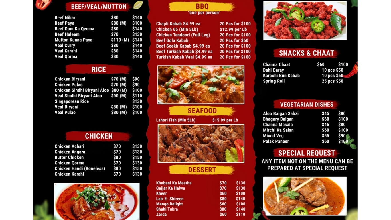 Mehfil Caterers' diverse Pakistani catering menu showcases the Silver, Gold, and Diamond Packages with traditional dishes like Chicken Biryani and BBQ specialties, reflecting the rich culinary heritage of Pakistan, perfect for events in Milton, Ontario.