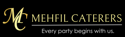 The logo of Mehfil Caterers features an ornate golden monogram 'MC' with the full name 'MEHFIL CATERERS' written alongside in an elegant, serif typeface. The text is set against a black background, conveying a sense of luxury and sophistication appropriate for a premium catering service located in Milton, Ontario. With a tag line in white that states, Every Party Begins With Us.